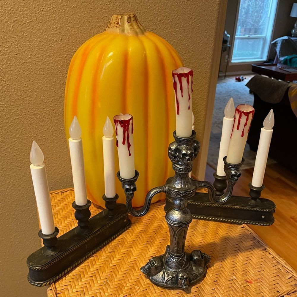 Gemmy Thriller Pumpkin 1 Skull Flaming Candle Candelabra and 2 Candelabras